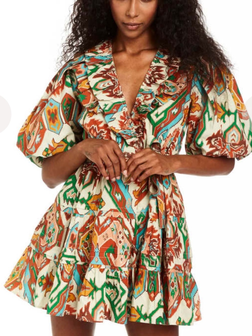 Ruffled V-Neck Mini Dress in Green-Orange Floral Print